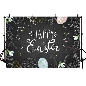

Vinyl Photography Background Black Easter Day Colorful Egg Rabbit Stick Figure Decor Photocall Children Backdrop Photo Studio