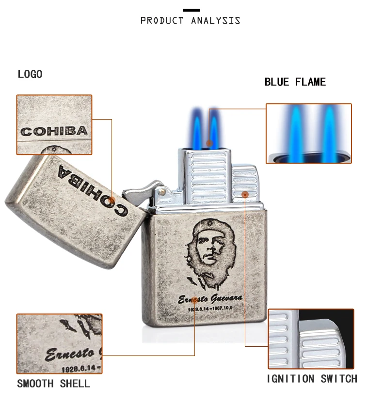 COHIBA металлические зажигалки ветрозащитный 2 струйный фонарь для сигар легче, чем газ-бутан Прикуриватель многоразового синего пламени W/Подарочная коробка