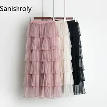 Sanishroly сезон: весна–лето Для женщин Юбка из сетчатой ткани с эластичной резинкой Высокая Талия нарядное кружевное платье для маленьких девочек; юбки для женщин с oбoркaми длинный плиссированные юбки Saia SE025