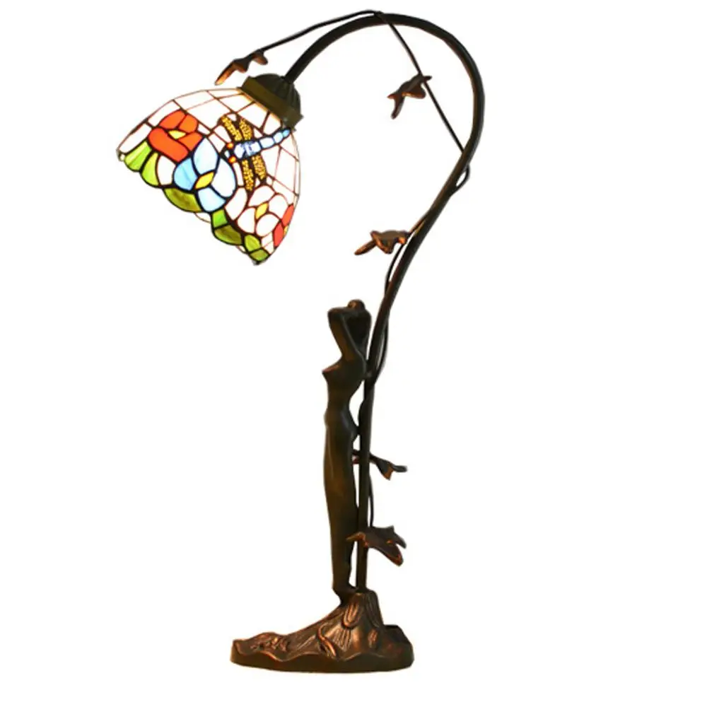 Тиффани красочный абажур спальня тумбочки Настольный светильник Средиземноморский Европейский Смола красота скульптура база Кабинет Настольная лампа