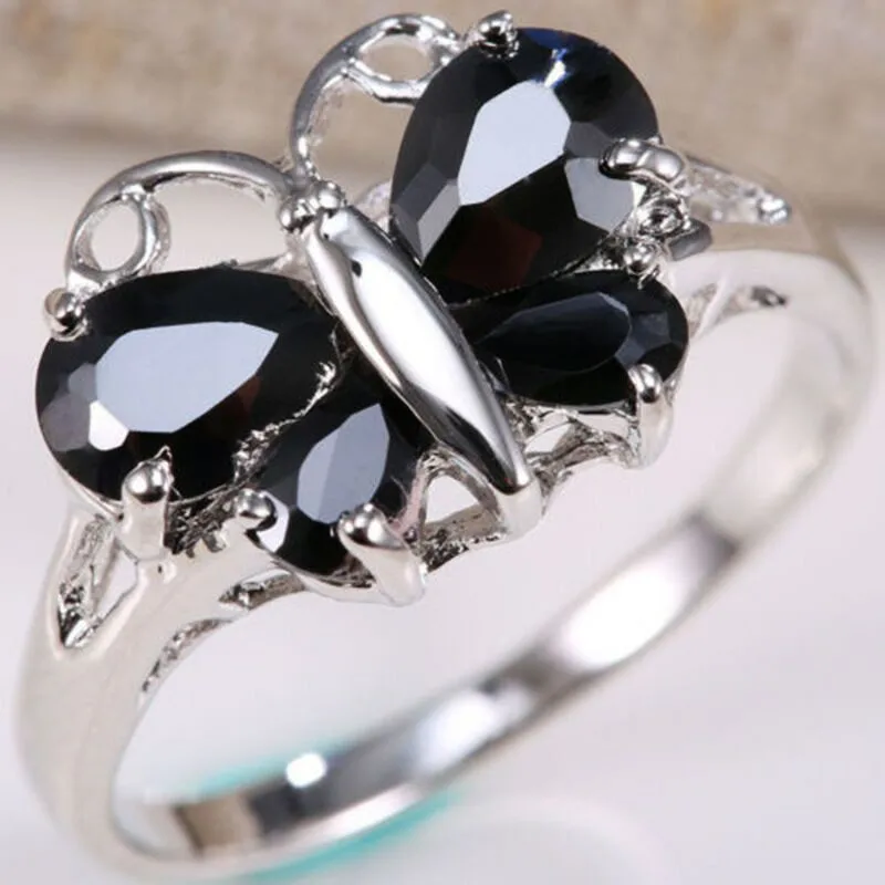 Аутентичные 925 стерлингового серебра Бабочка и сверкающие 5 цветов CZ палец кольцо для женщин стерлингового серебра ювелирные изделия свадебные подарки - Цвет основного камня: Black