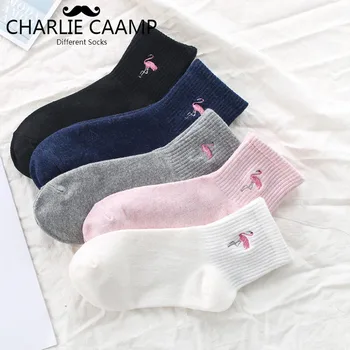 

5Pieces/lot Women Socks Cotton Flamingo Cartoon Embroidery Autumn Winter New Ladies College Wind Wild Student Sports Socks S229