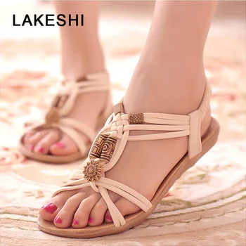 

LAKESHI Women Sandals Behomian Beach Summer Women Shoes String Bead Women Flat Sandals Wedge Sandals Retro Ladies Sandals 2019