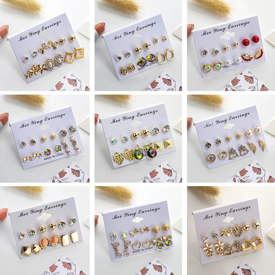 

2019 Vintage Punk Crystal Stud Earrings Set For Women Bohemian Geometric Stars Pearl Earring Mix Design Wedding Jewelry