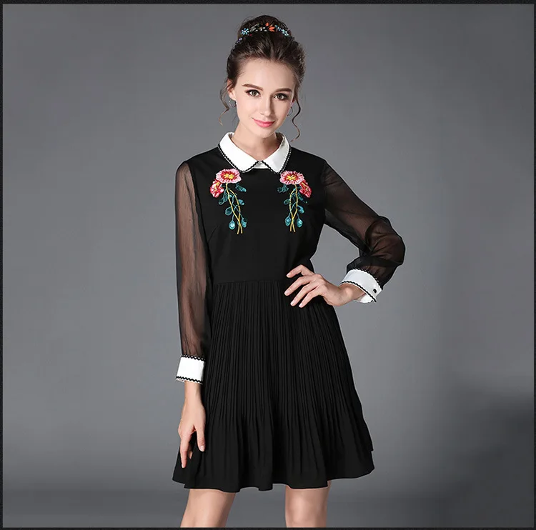 

2017Autumn fashion ladies embroidery elegant Pleated Dress turn down collar pinched waist cultivating cute dress plus sizeXXXXXL