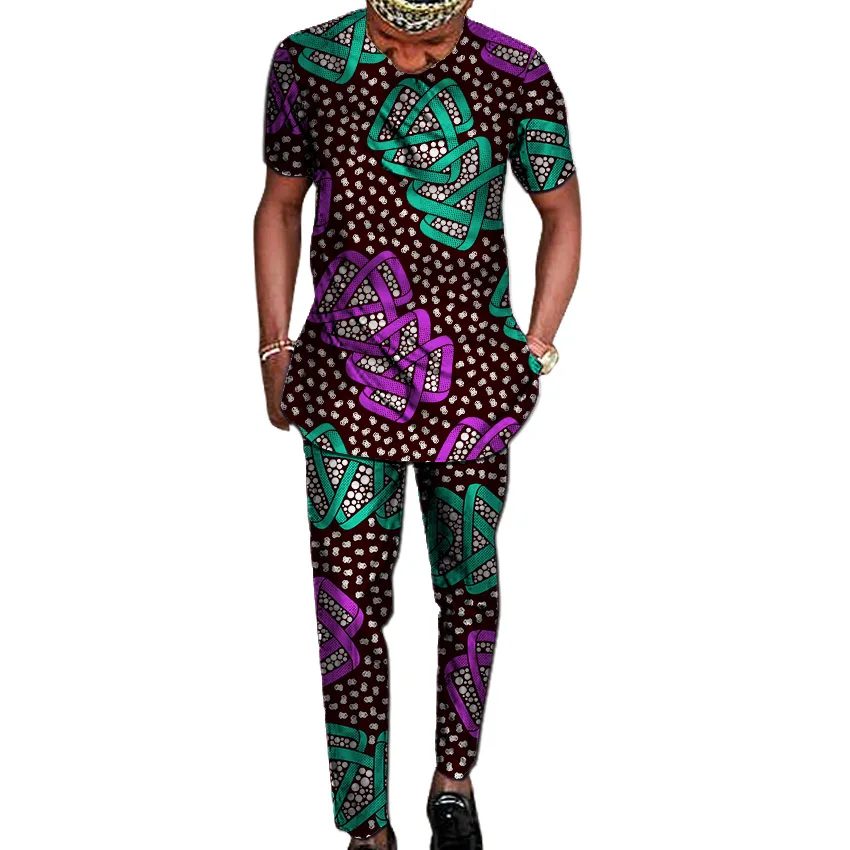 

African clothes men's print set short sleeve shirt with trouser Ankara fashion pant sets customize wedding male formal outfits