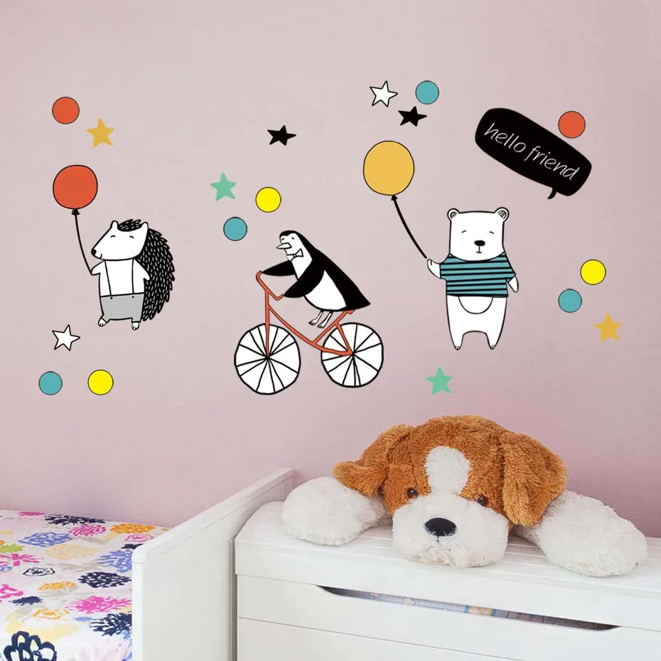Bear Hedgehog & Penguin Greeting Wall Stickers Hello Friends Quote Decals Cartoon Animals With Balloon Kids Room Home Decora Art (3)