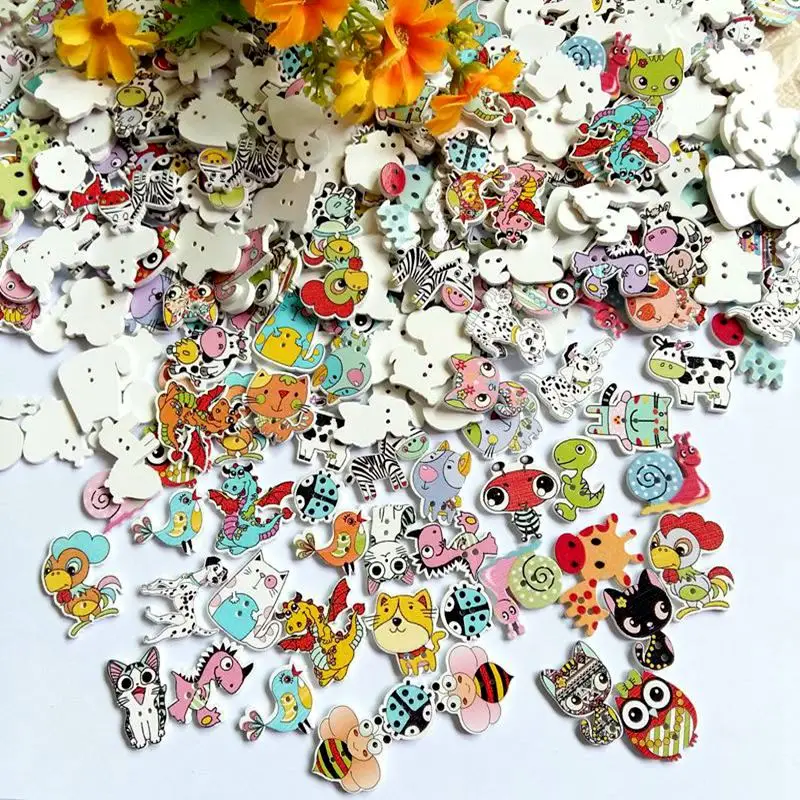 

New 150pcs/lot Mixed 2 Holes Decorative Buttons Lovely cartoon Animals Wood Buttons for Craft Sewing Supplies 20mm-30mm