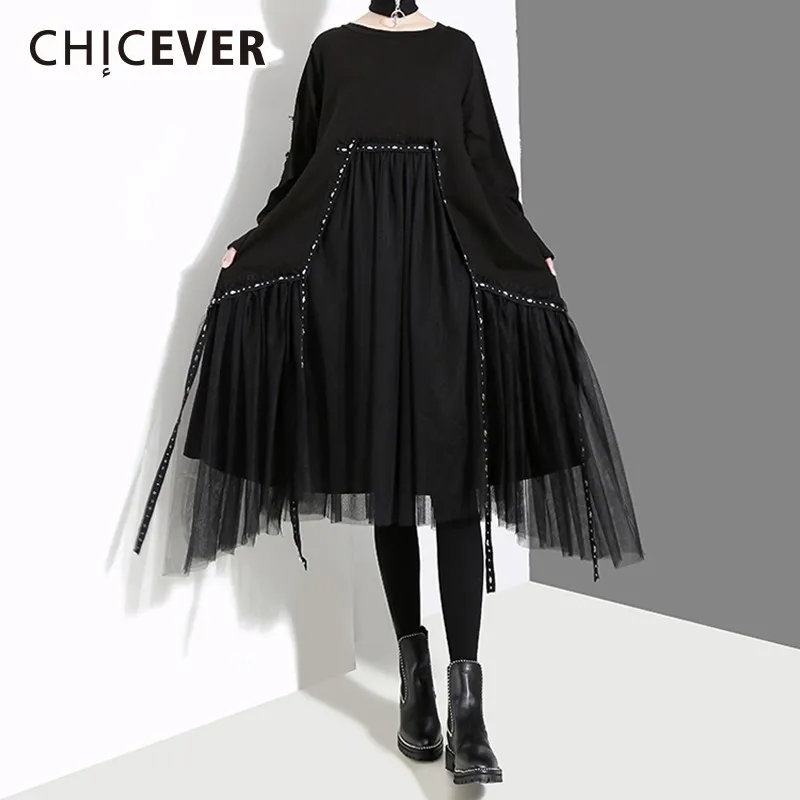 CHICEVER асимметричное женское платье с круглым вырезом и длинным рукавом в стиле пэчворк с сетчатым подолом женские платья корейская мода весенняя одежда