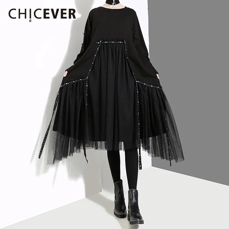 

CHICEVER Asymmetrical Dress Female O Neck Long Sleeve Patchwork Mesh Hem Women's Dresses Korean Fashion 2019 Spring Clothes