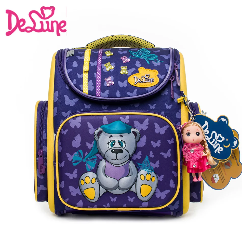

Delune 2018 New design Orthopedic Girls School Bag Factory price Princess Cartoon 3D Bear Waterproof Backpacks for Children