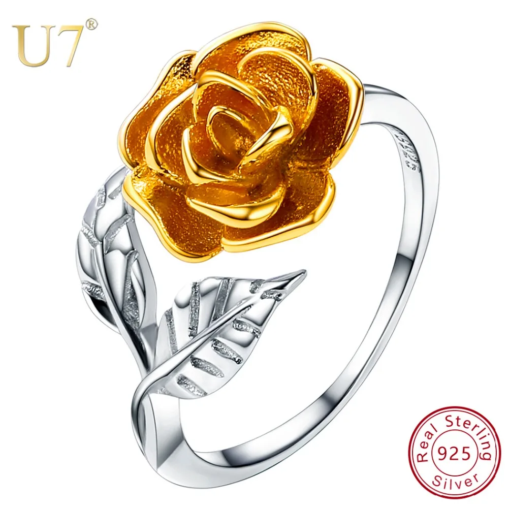 U7 925 Серебряная роза цветок лист Открытые Кольца для женщин обручальное свадебное кольцо День Святого Валентина ювелирные изделия подарок SC275