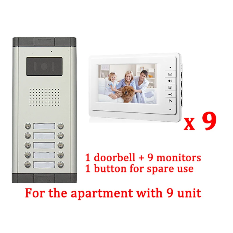 7\ LCD Apartment Wired Video Door Phone Audio Visual Intercom Entry System 1 HD Outdoor Camera With 9 monitor