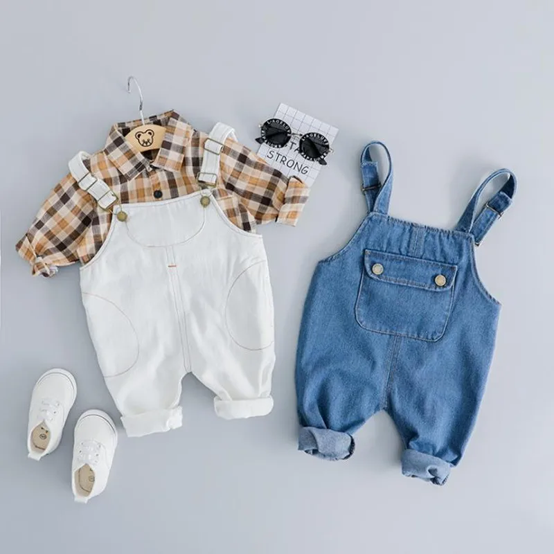 

2019 spring / autumn boy suit infant boy denim overalls + plaid shirt two-piece 1-3 years old boy baby denim bib