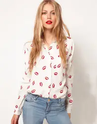 Красные губы напечатаны хлопок шифоновая блузка 2018 Новая мода женщин шелк-как полный рукав белая рубашка Топы s m l Blusas