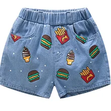 Детские шорты унисекс, повседневные корейские шорты с мультяшным принтом для маленьких мальчиков, Джинсовые штаны с эластичной резинкой на талии для девочек, летние детские штаны