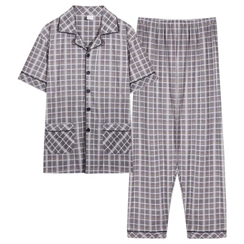 

Summer Pajamas For Men Cotton Striped Men Pajama Sets Short Tops+Long Pants Sleepwear Turn-down Collar Plus Size Lounge Pyjama