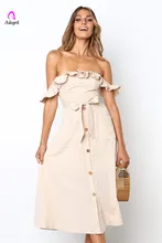 2019 new slash neck a line dress ruffles sash midi dress off shoulder petal sleeve buttoned front elegant femaile bow tie dress 2019 new slash neck a line dress ruffles sash midi dress off shoulder petal sleeve buttoned front elegant femaile bow tie dress