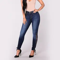 Wisalo женские модные боковые кружевные Большие размеры рваные джинсы женские повседневные однотонные обтягивающие джинсы Уличная