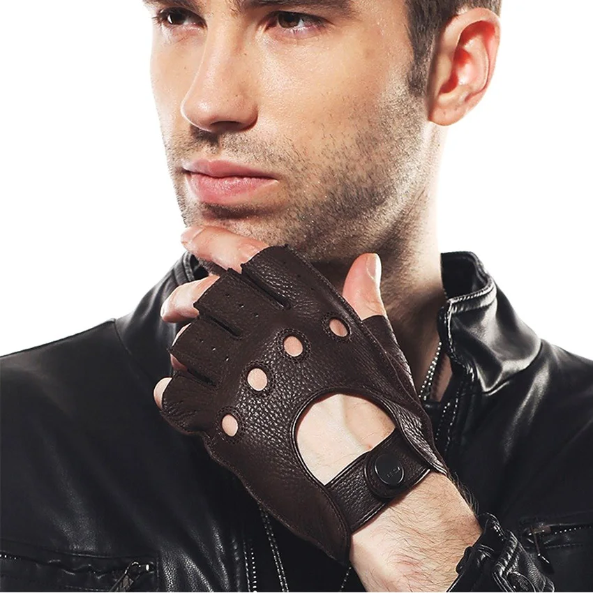 Mens Genuine Deerskin Leather Half Finger Unlined Driving Gloves On Sale #E001 Mens Genuine Deerskin Leather Half Finger Unlined Driving Gloves On Sale #E001
