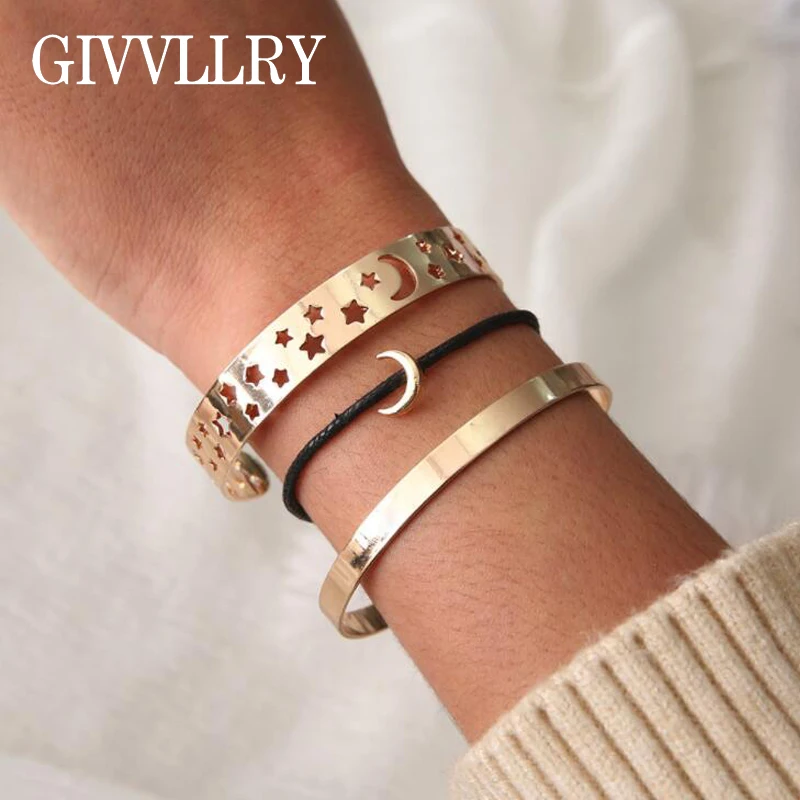 

GIVVLLRY 3 pcs/set Star Moon Wide Cuff Bangles for Women Elegant Vintage Chic Black Rope Moon Charm Bracelets Set Gold Jewelry