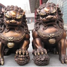 > Китайская классическая бронза медь злая дверь охранника Bei Jing Fu Foo Собака Лев Пара