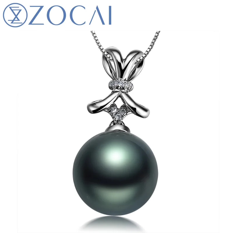 

ZOCAI Real 9-10mm Diameter Tahitian Black Pearl Pendant with 0.01 CT Diamond in 18K White Gold (Au750) + 925 Silver Chain D00043