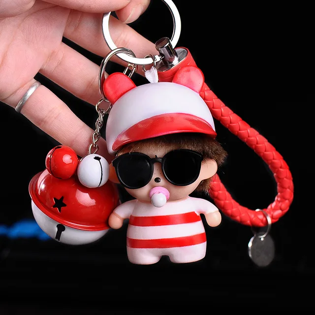 Monchichi Vintage Keychain Doll Keychains Double color bell PU wrist rope double keychain DIY