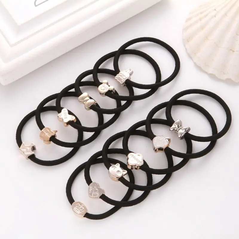 

10Pcs/Set Korean Style Hair Rope Women Girls Black Elastic Rubber Band Cute Gold Cartoon Shape Beads Ponytail Holder Tie Gums