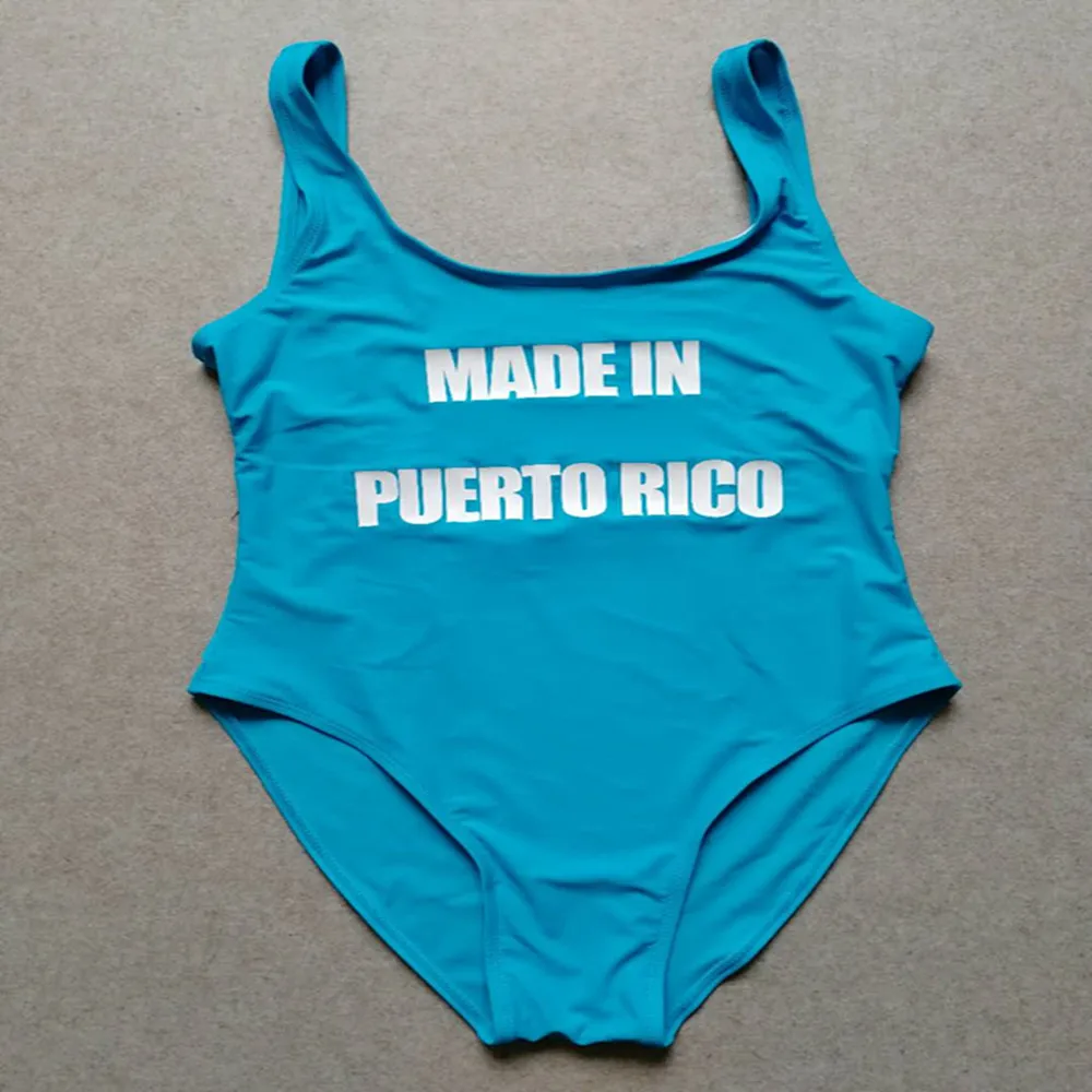 MADE IN PUERTO RICO Letter Print Sexy One Piece Swimsuit Funny Bodysuit
