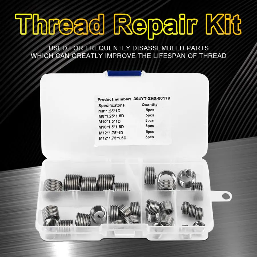 

30Pcs 304 Stainless Steel Thread Repair Kit Wire Helical Insert Thread M8 M10 M12 Thread Repair Inserts Assortment Kit