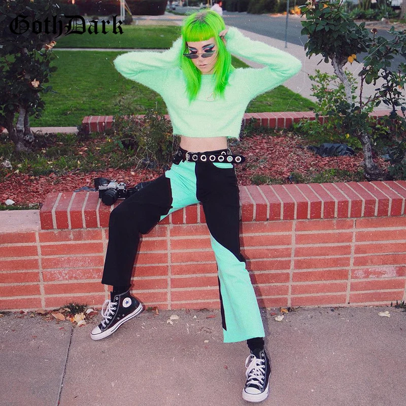 Goth Dark Patchwork Grunge Gothic Pants Harajuku Autumn 2019 Fashion Button Flare Pants For Women High Waist Streetwear Punk Goth Dark Patchwork Grunge Gothic Pants Harajuku Autumn 2019 Fashion Button Flare Pants For Women High Waist Streetwear Punk