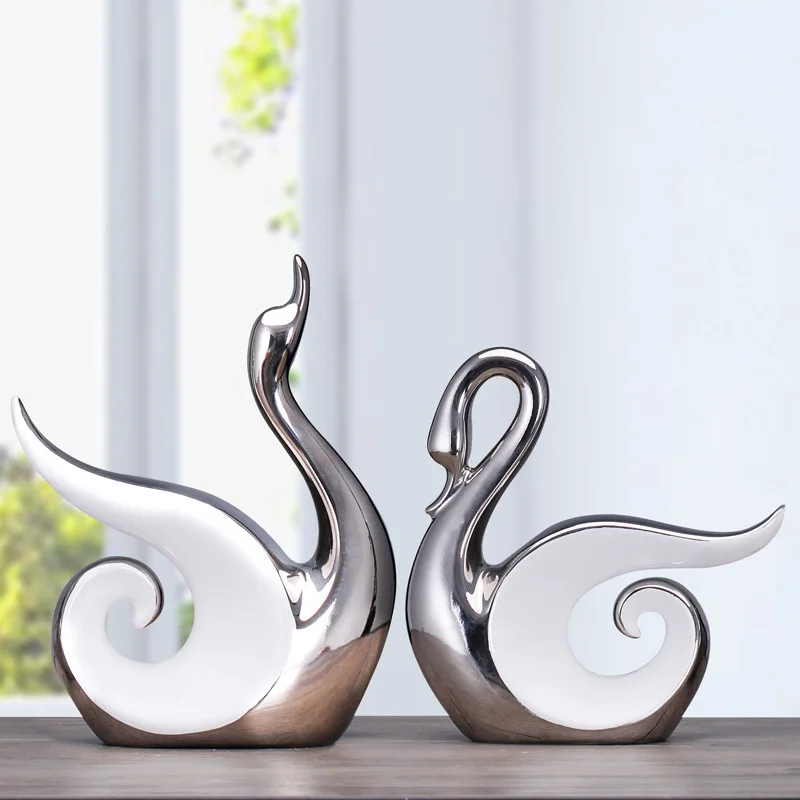 

Fine Workmanship Ceramic Crafts Home Decoration Craft Gifts Ornaments Galvanized Couple Swans silver porcelain art and craft