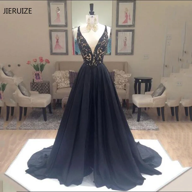 

JIERUIZE Black Full Beading Luxury Evening Dresses Long 2018 A-line V-neck Prom Party Dresses Evening Gowns Formal Dresses