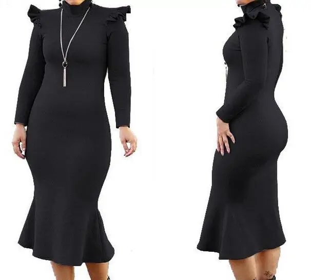 Woman Long Dress Ruffle Turtleneck Body Dresses For Women Sleeve Body ...