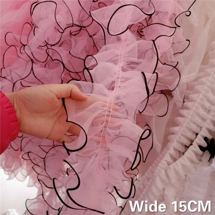 

15CM Wide Luxury Pink Tulle Organza Lace Fabric Ruffle Trim Ribbon Collar Dress DIY Sewing Guipure Supplies Clothing Accessories