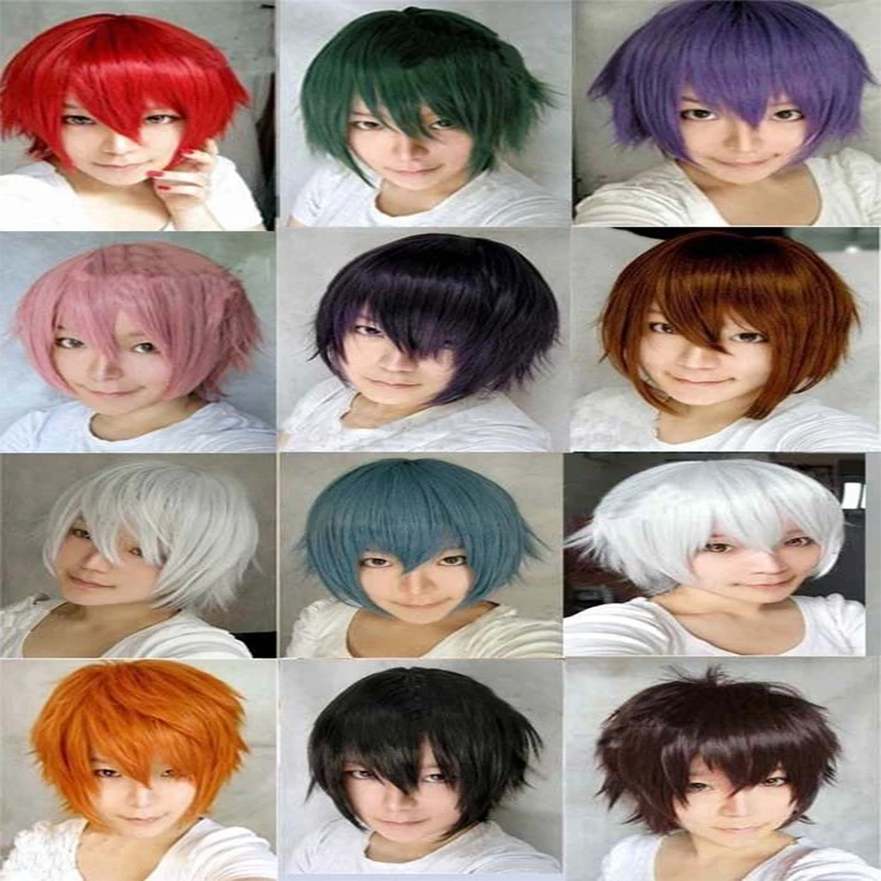 

Hot Men Harajuku Anime Cosplay Wigs Bangs Heat Resistant Male Short Straight Multi-color High quality Hair Wigs+Free wig cap