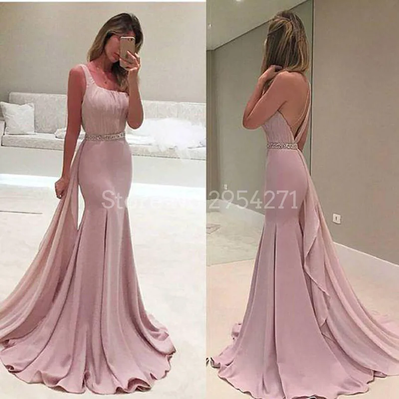 

Elegant Dirty Rose Evening Gown Mermaid One Shoulder With Crystals Sash Open Back Formal Dresses vestido longo robe de soiree