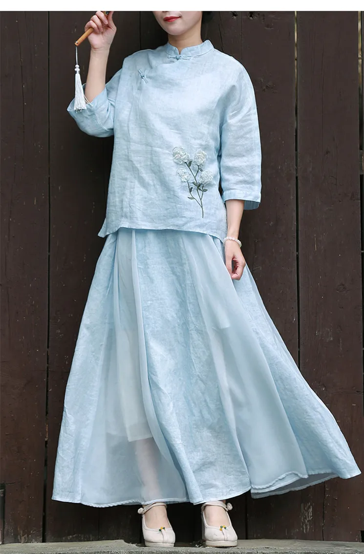 LZJN Original 2019 Ethnic Linen Skirt Elastic Waistband Long Women A-Line Pleated Skirts Beach Boho Vintage Summer Skirts Faldas (6)