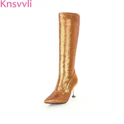 Knsvvli/женские сапоги до колена на тонком высоком каблуке с металлическими кристаллами; высокие сапоги из лакированной кожи; Цвет