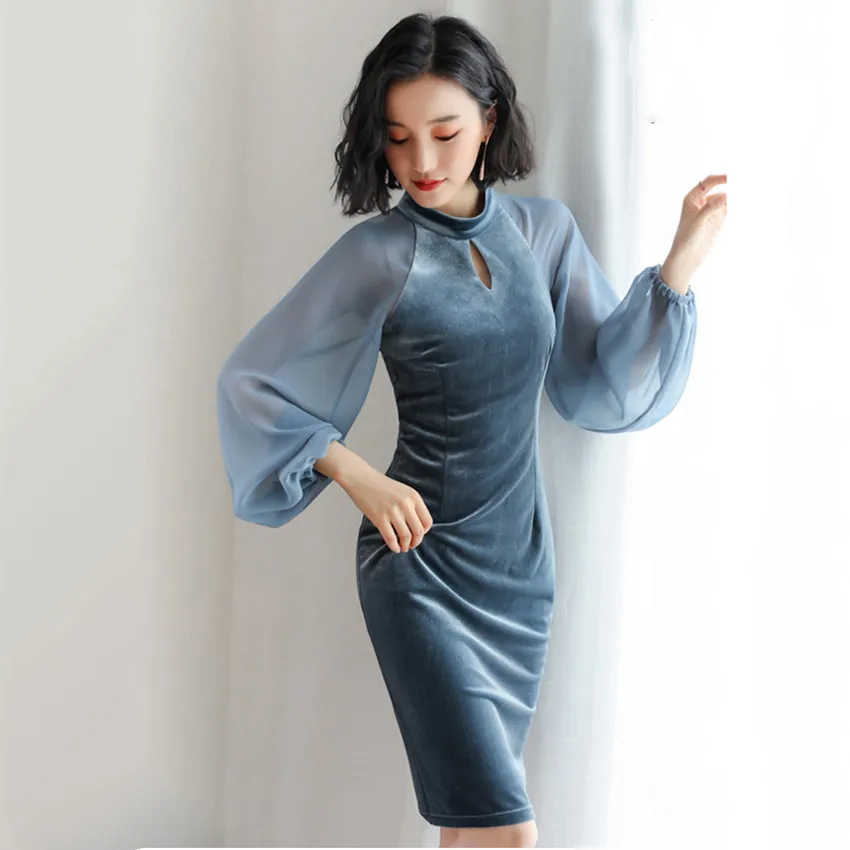 Women's Velvet Lantern Sleeve Office Party Dress - Elegant Runway Dresses image 4