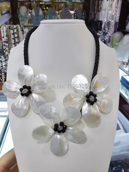 

WOW! white sea shell flower black stone necklace 18inch nature wholesale beads DROP FPPJ