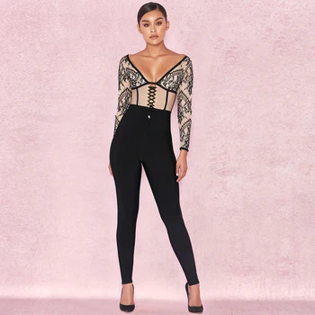

Autumn Long Sleeve Bandage Jumpsuit High Quality Women Sexy Deep V Neck Bodycon Celebrity Party Jumpsuits Clubwear Wholesale