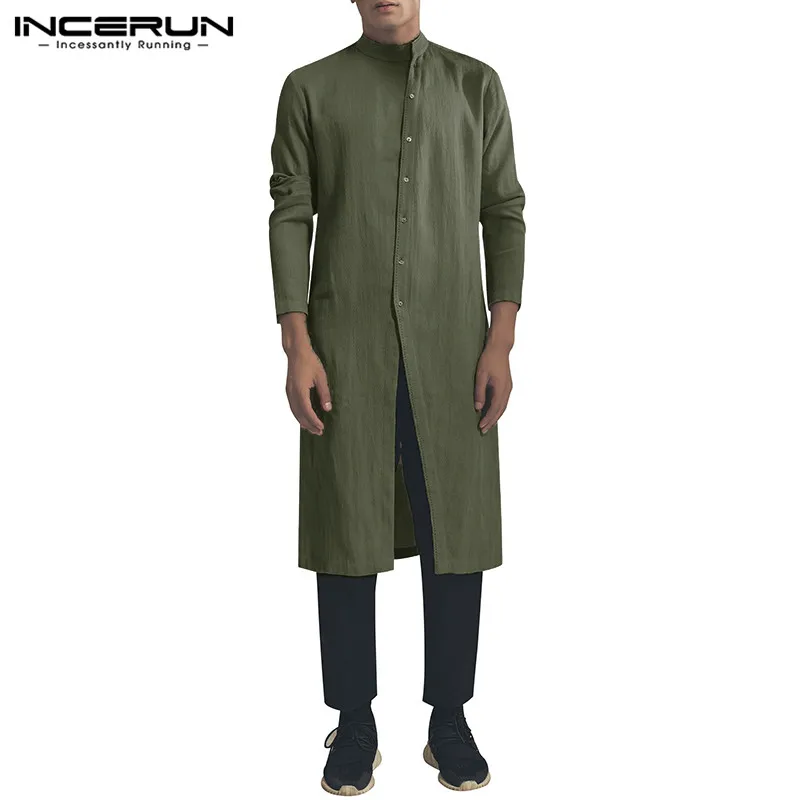 INCERUN мужская хлопковая рубашка со стоячим воротником и длинным рукавом, винтажные Необычные Длинные рубашки на пуговицах, мужские мусульманские индийские костюмы