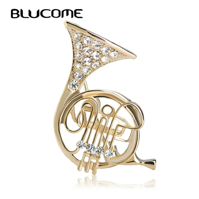 

Blucome Personalized Trumpet Shaped Brooches Women Crystal Gold-color Costume Music Brooch Musician Shirts Hijab Pins Corsages