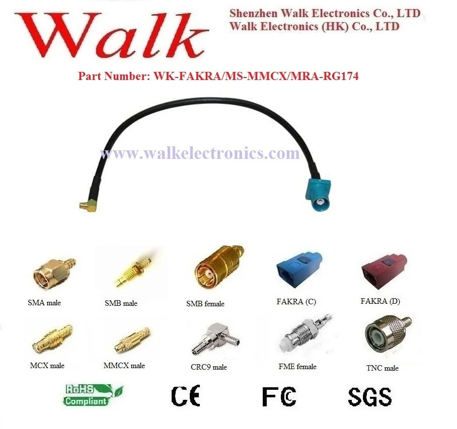 

RF cable assembly: FAKRA male straight (Code Z) to MMCX male right angle with RG174 cable
