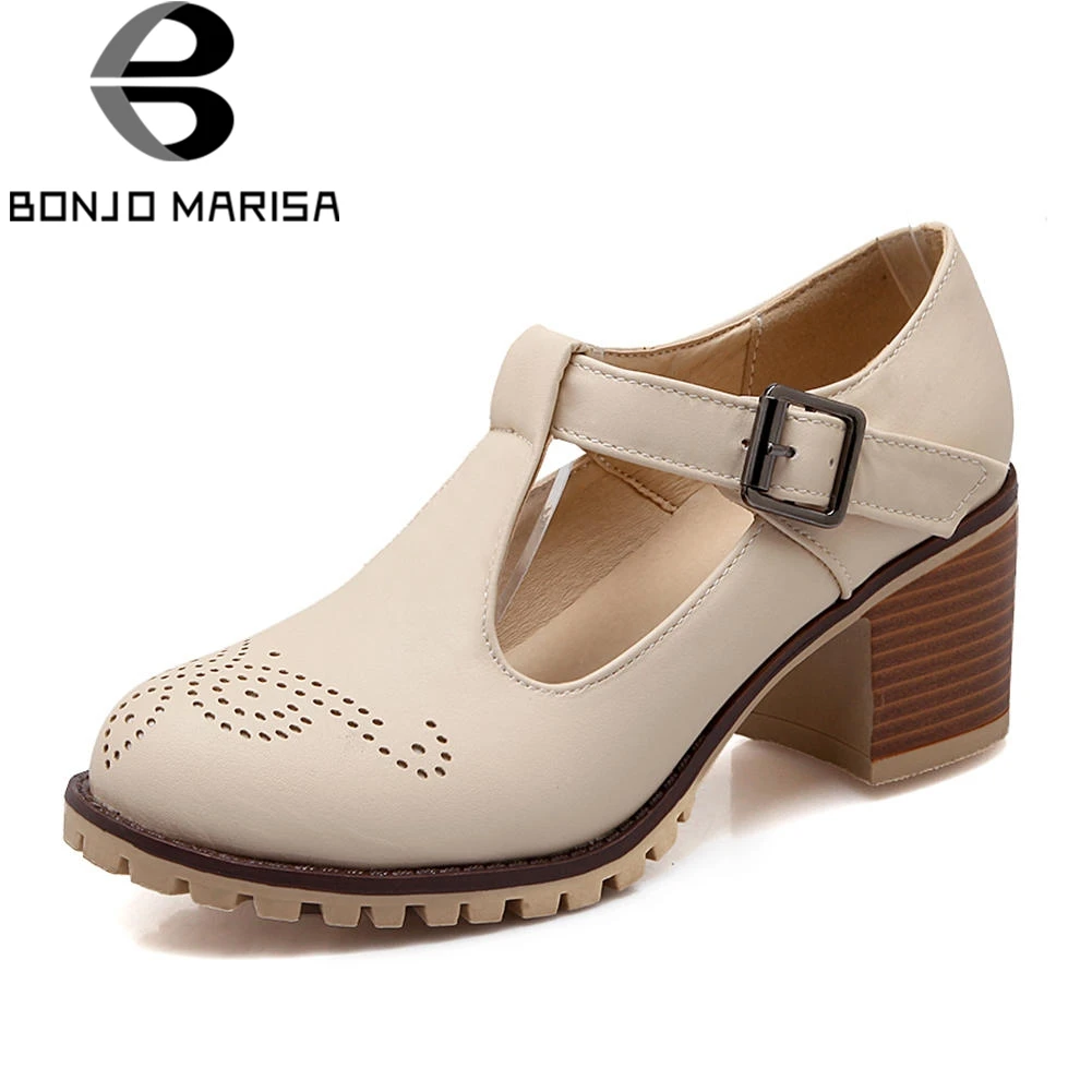 

BONJOMARISA Hot Sale Fretwork School Girl Platform Pumps Women Autumn 2018 Large Size 34-43 Student High Heels Shoes Woman