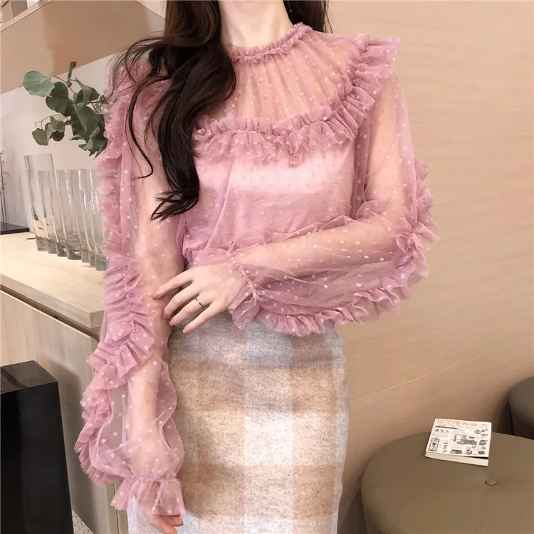 

Women Ruffled Collar Dot Mesh Sweet Blouses Shirts Female Full Lantern Sleeve Chic Tops Blouses Girls