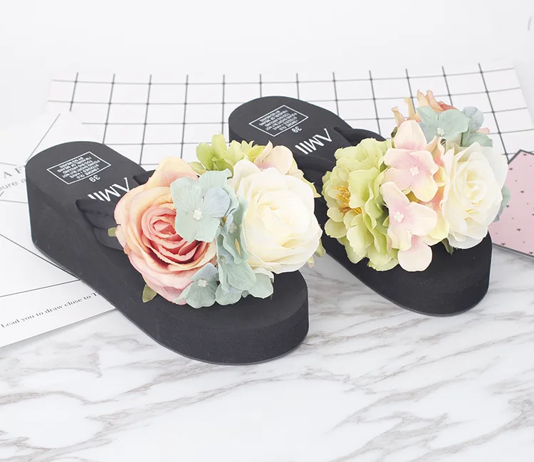 2017 Women Summer Flip Flops Cause Slippers Beautiful Flowers Female High Heel Cheap Platform Beach Shoes Online52