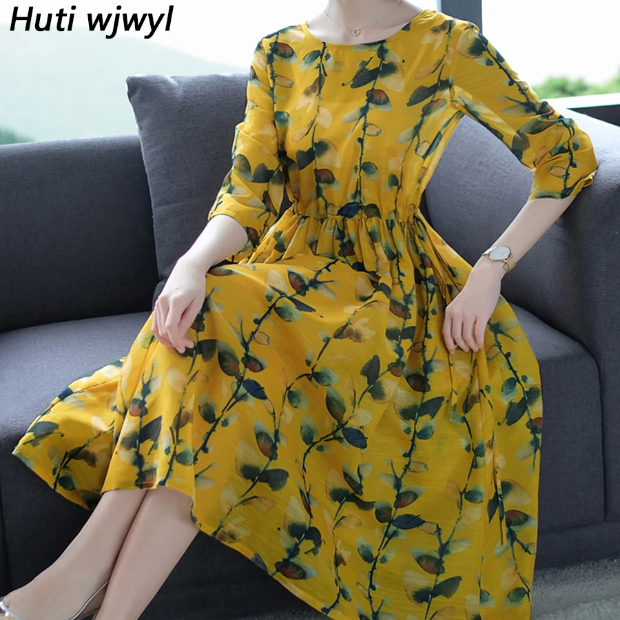 2019 New Vintage Yellow Floral Silk Midi Dresses Summer 3XL Plus Size Print Two-piece Set Bodycon Sundress Elegant Women Vestido | Женская